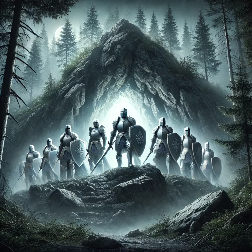 ilustrace inspirovaná písní „Blaník volá“ – legendární blaničtí rytíři se probouzejí z podzemí pod horou Blaník v mystické atmosféře měsíční noci.