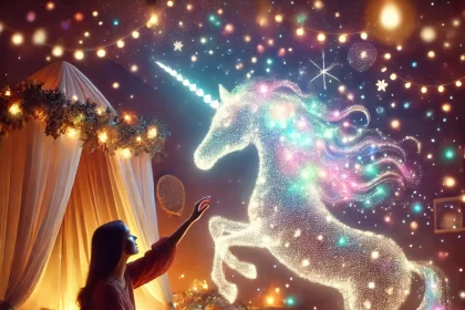 magická ilustrace jednorožce tančícího v útulném pokoji plném barevných světel a jiskřící atmosféry