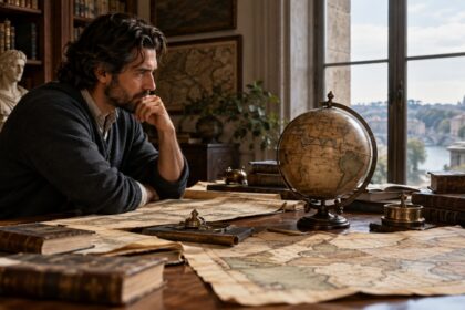 Zamýšlející se muž nad historickými mapami a glóbem jako symbol lidské touhy po moci, růstu a poznání.